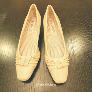 Easy Street Waive Cream Square Toe Slip-On Twist Detail Timeless‎ Kitten Heels